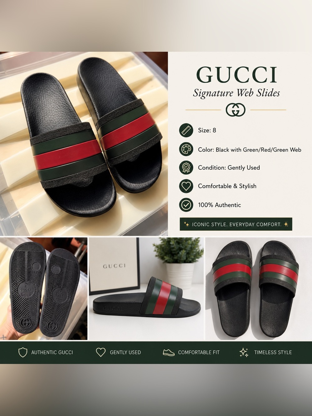 Gucci Black Slide Sandals with Green and Red Stripes